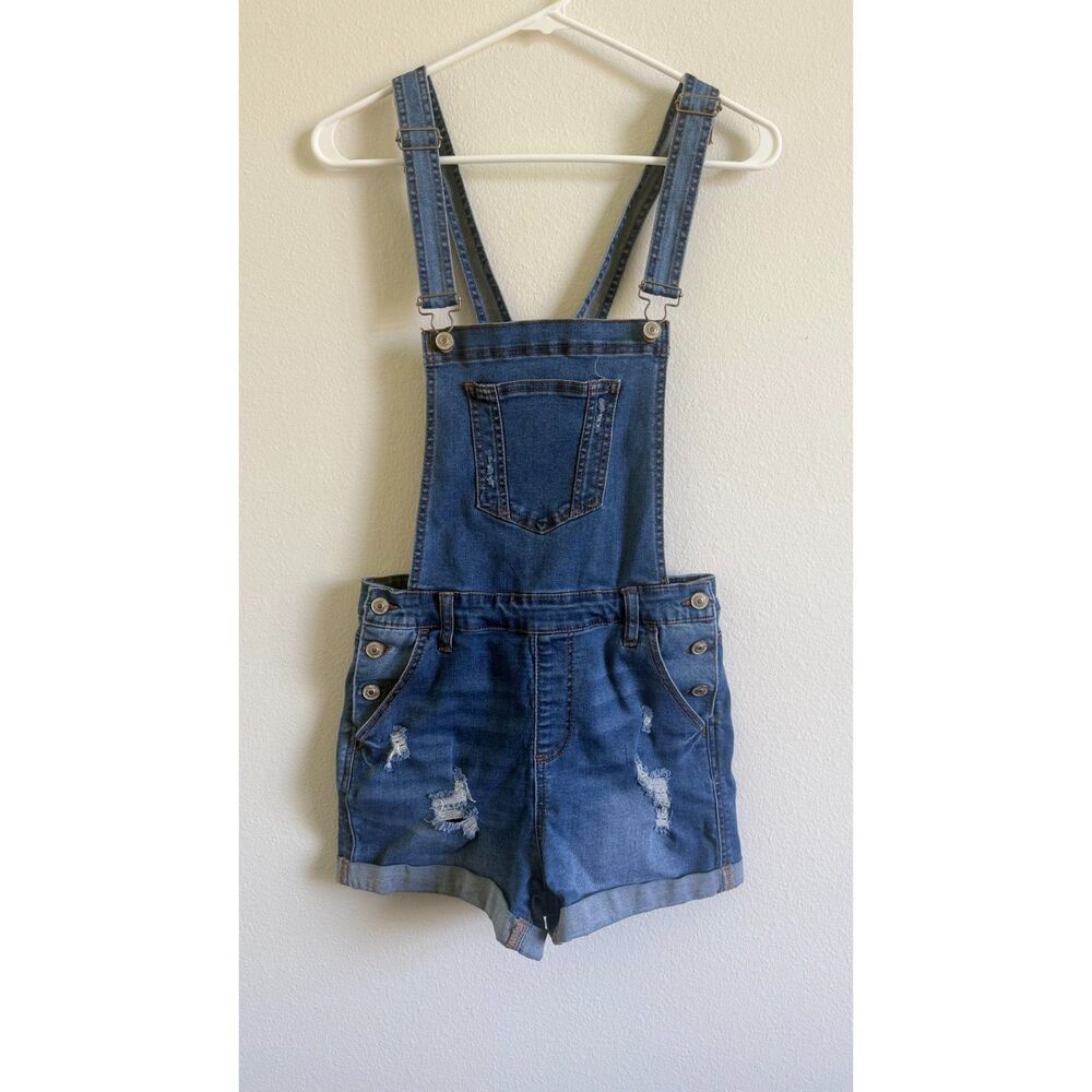Wax Jean Womens Large Denim Short Overalls Distressed Cuffed Shortalls
